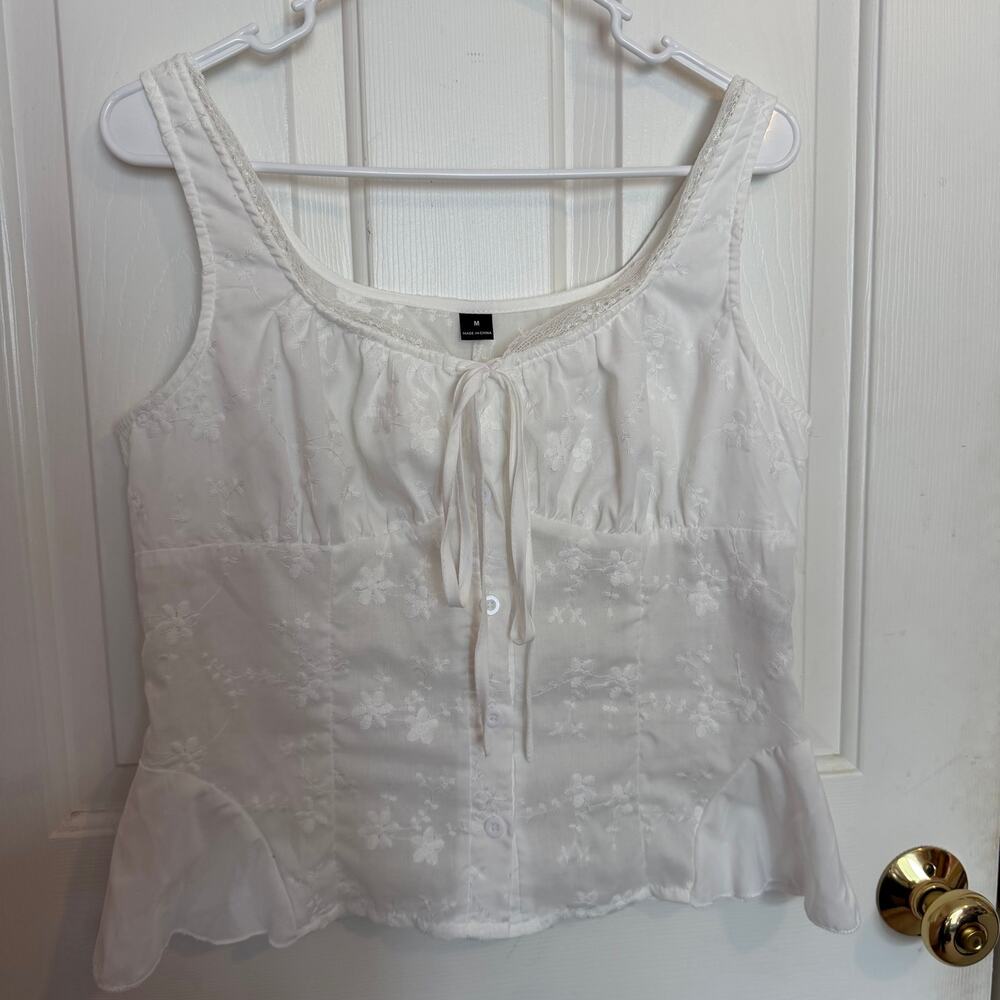 Floral White Babydoll Tank Top Women's Medium